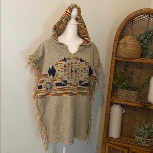 Indigo thread sweater sleeveless Poncho With Hood and fringe size large tan